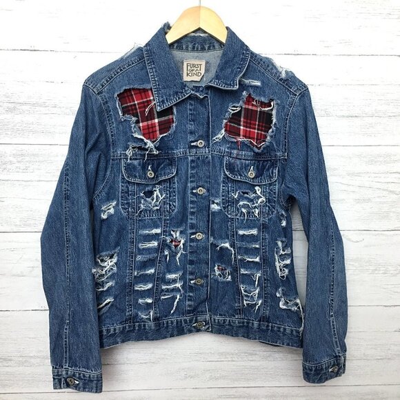 Furst of a Kind Women's Jean Jacket Distressed Destroyed Button Front Re-Worked - Picture 1 of 10